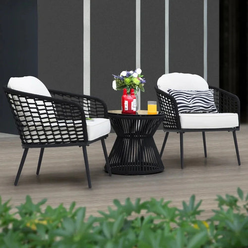 Virasat Outdoor Patio Seating Set 2 Chairs 1 Table Black White Braided Rope-VIRASAT FURNITURE & FURNISHING