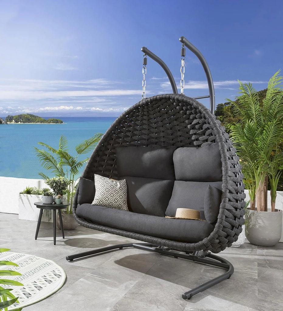 Virasat Double Seater Hanging Swing With Stand For Balcony, Garden Swing (Grey) Braid & Rope-VIRASAT FURNITURE & FURNISHING