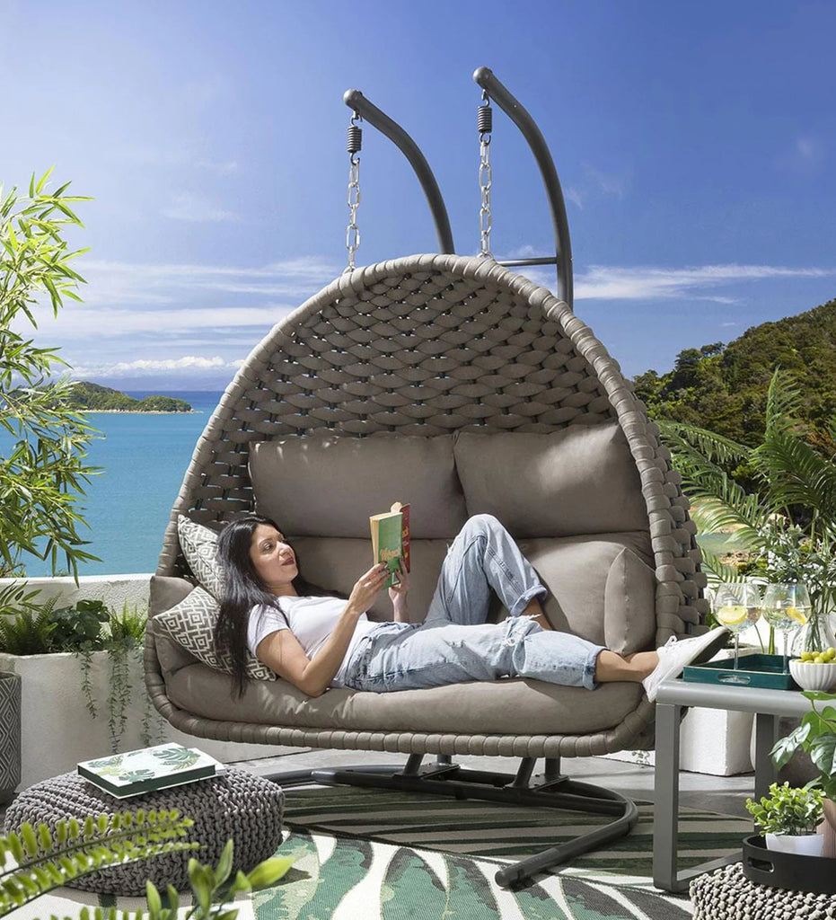 Virasat Double Seater Hanging Swing With Stand For Balcony, Garden Swing (Silk Grey) Braid & Rope-VIRASAT FURNITURE & FURNISHING