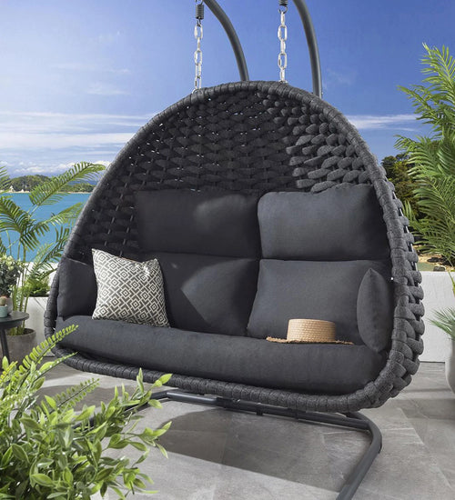 Virasat Double Seater Hanging Swing With Stand For Balcony, Garden Swing (Grey) Braid & Rope-VIRASAT FURNITURE & FURNISHING