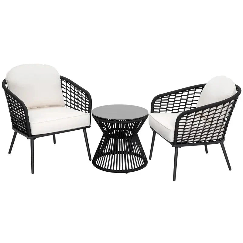 Virasat Outdoor Patio Seating Set 2 Chairs 1 Table Black White Braided Rope-VIRASAT FURNITURE & FURNISHING