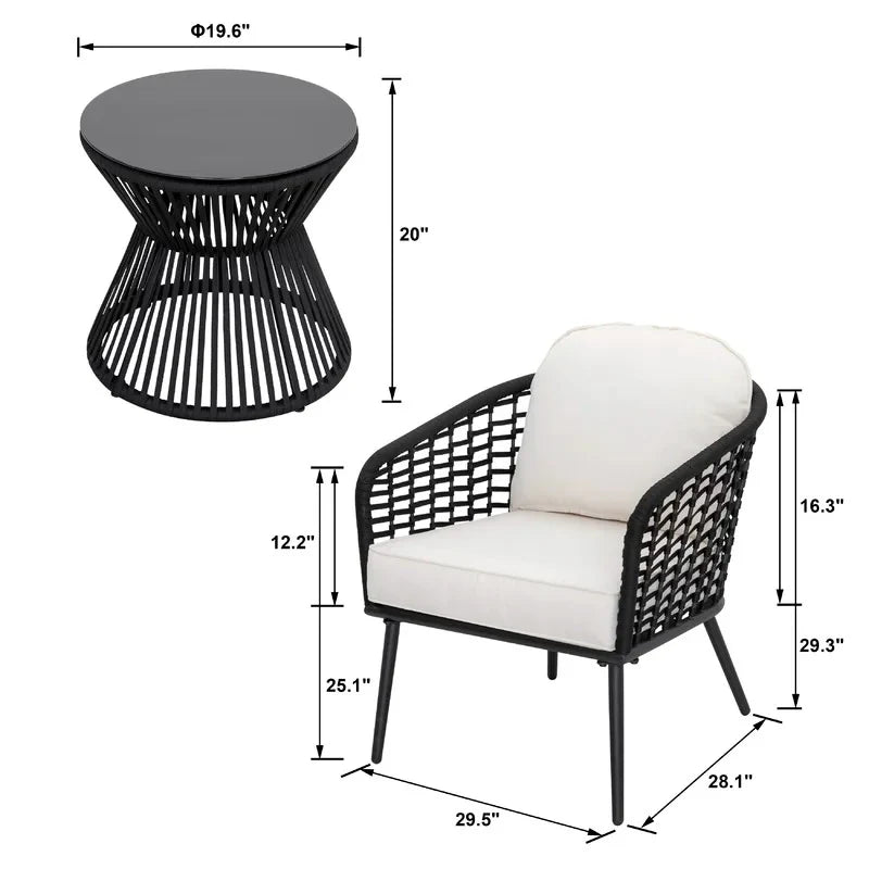 Virasat Outdoor Patio Seating Set 2 Chairs 1 Table Black White Braided Rope-VIRASAT FURNITURE & FURNISHING