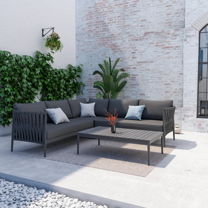 Virasat Fabian Outdoor Garden Balcony Sofa Set 5 Seater and 1 Center Table Set, Braid & Rope (Dark Grey)