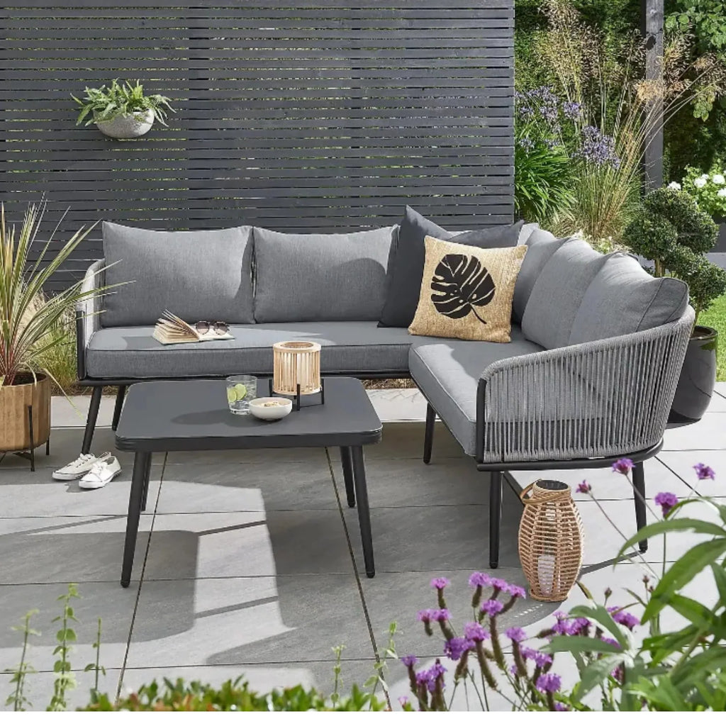 VIRASAT FURNITURE 6 SEATER L-SHAPE OUTDOOR ROPE CONVERSATION SOFA SET (GREY)