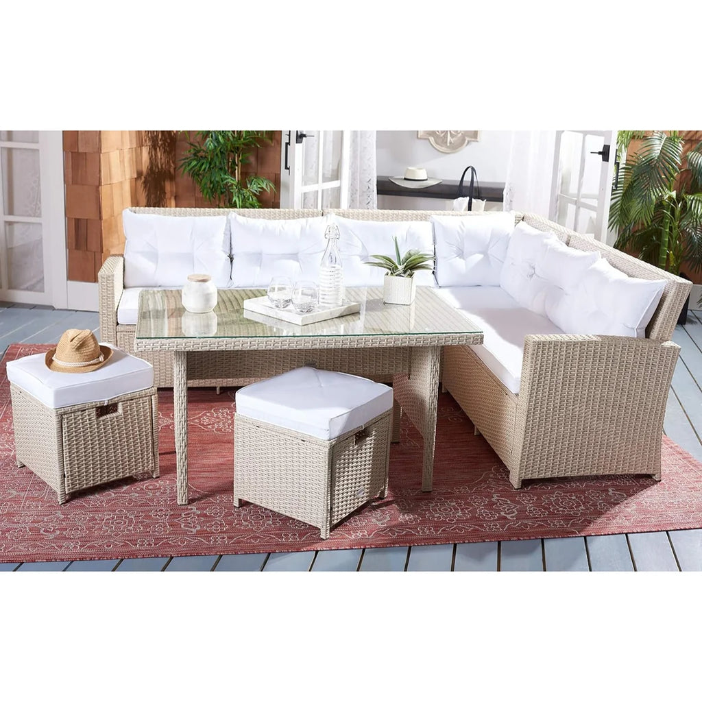 VIRASAT FURNITURE 8 SEATER L-SHAPE OUTDOOR WICKER SOFA SET 5-PIECE (BEIGE & WHITE)