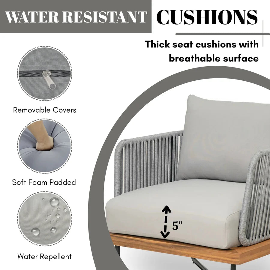 VIRASAT FURNITURE OUTDOOR 6-PIECE ROPE WOVEN CONVERSATION SOFA SET WITH WOODEN TOP TABLE (GREY)