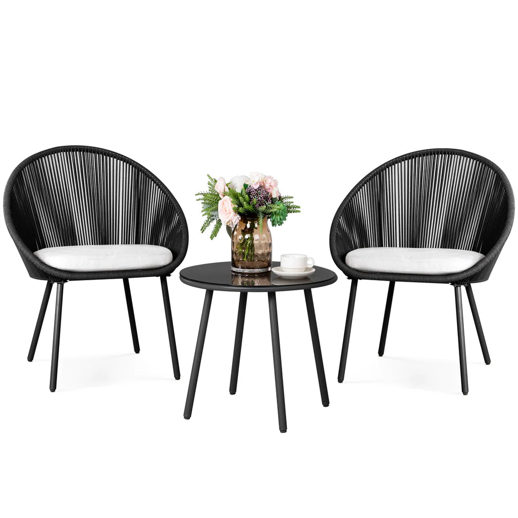 VIRASAT FURNITURE VOLTA OUTDOOR PATIO SEATING SET 2 CHAIRS AND 1 TABLE SET (BLACK) BRAIDED & ROPE