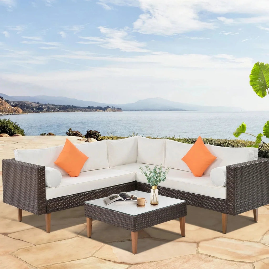VIRASAT FURNITURE 7 SEATER L-SHAPE OUTDOOR WICKER SOFA SET 3-PIECE (BROWN & WHITE)