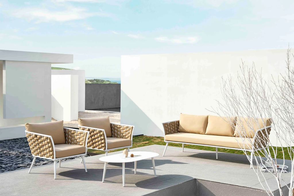Virasat Outdoor Garden Balcony Sofa Set 3 Seater, 2 Single seater and 1 Center Table Set, Braid & Rope (White + Tan)-VIRASAT FURNITURE & FURNISHING
