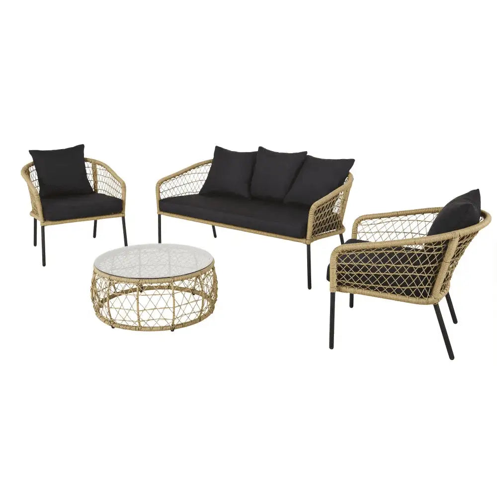 Virasat Eladio Outdoor Sofa Set 3 Seater, 2 Single seater and 1 Center Table (Light Brown) Braided & Rope