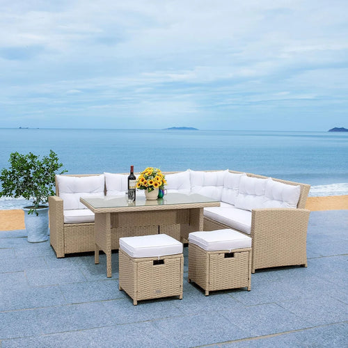VIRASAT FURNITURE 8 SEATER L-SHAPE OUTDOOR WICKER SOFA SET 5-PIECE (BEIGE & WHITE)