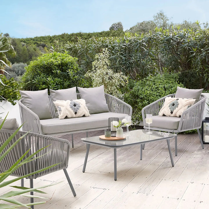 Virasat Slava Outdoor Sofa Set 3 Seater , 2 Single seater and 1 Center Table (Grey) Braided & Rope