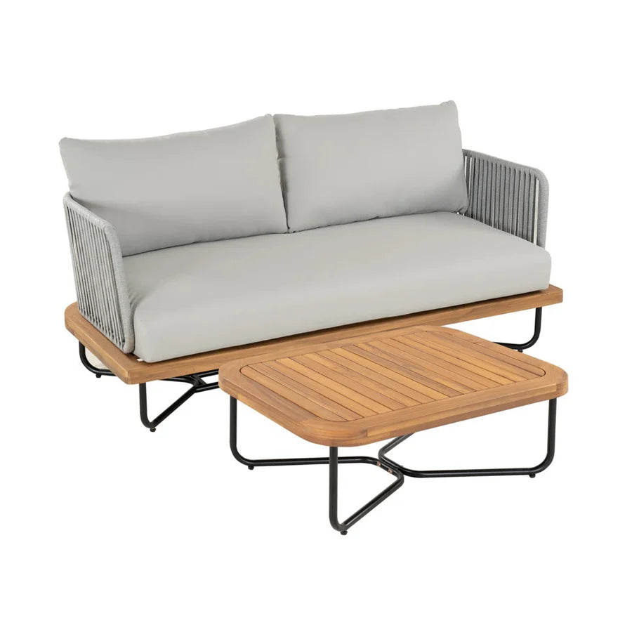 VIRASAT FURNITURE OUTDOOR 6-PIECE ROPE WOVEN CONVERSATION SOFA SET WITH WOODEN TOP TABLE (GREY)