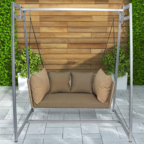 Virasat Double Seater Hanging Swing With Stand For Balcony, Garden Swing (Beige) Braided & Rope-VIRASAT FURNITURE & FURNISHING