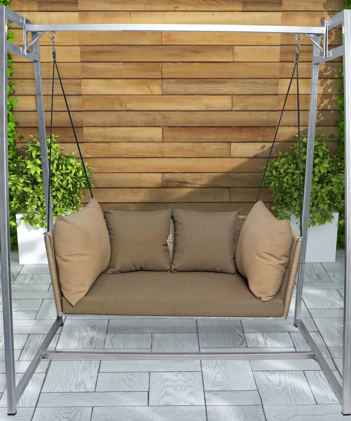 Virasat Double Seater Hanging Swing With Stand For Balcony, Garden Swing (Beige) Braided & Rope-VIRASAT FURNITURE & FURNISHING