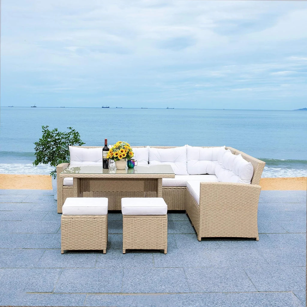 VIRASAT FURNITURE 8 SEATER L-SHAPE OUTDOOR WICKER SOFA SET 5-PIECE (BEIGE & WHITE)