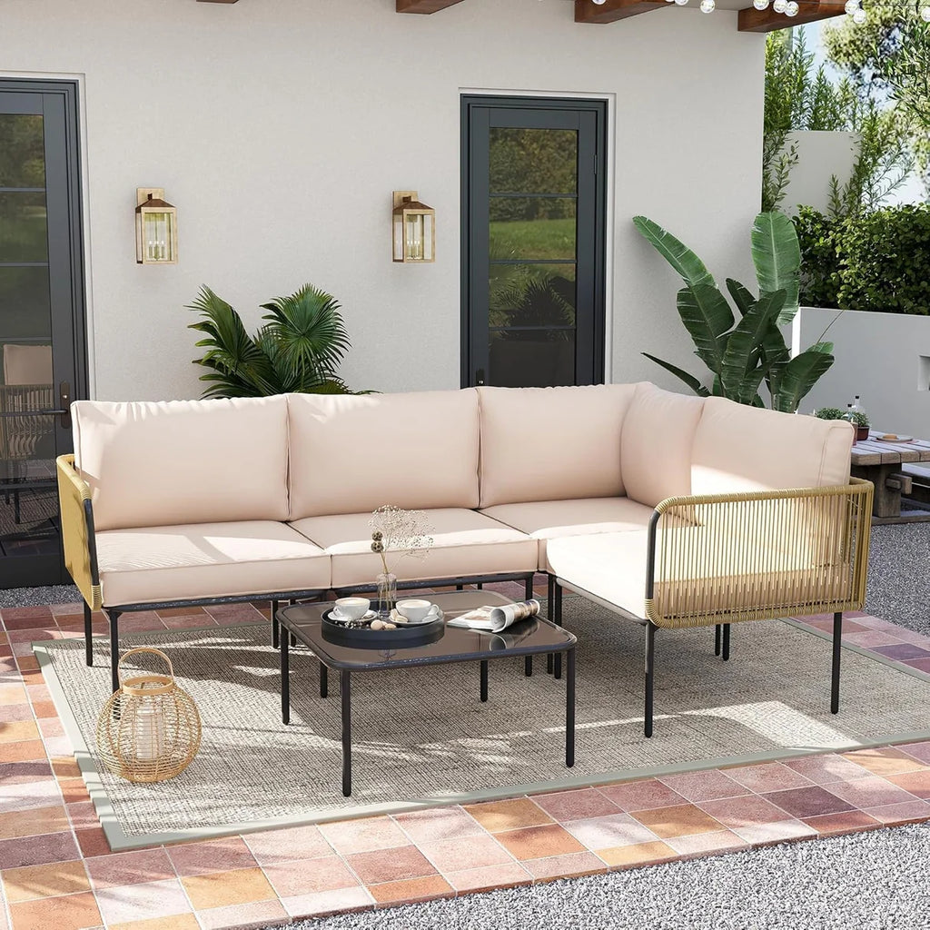VIRASAT FURNITURE 5 SEATER L-SHAPE OUTDOOR ROPE SOFA SET (BEIGE & CREAM)