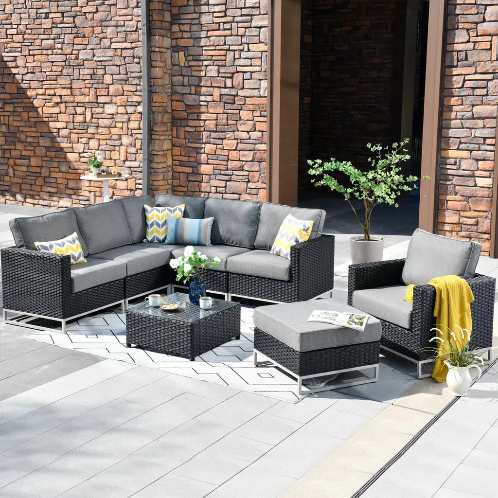 VIRASAT FURNITURE L-SHAPE OUTDOOR RATTAN WICKER SOFA SET 7-SEATER