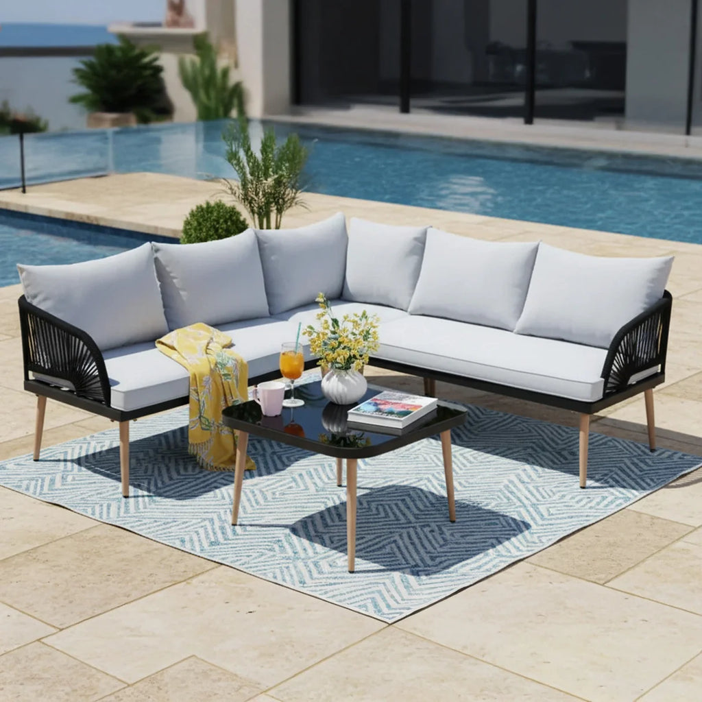 VIRASAT FURNITURE L-SHAPE OUTDOOR ROPE SOFA SET 6-SEATER WITH CENTER TABLE (GREY)