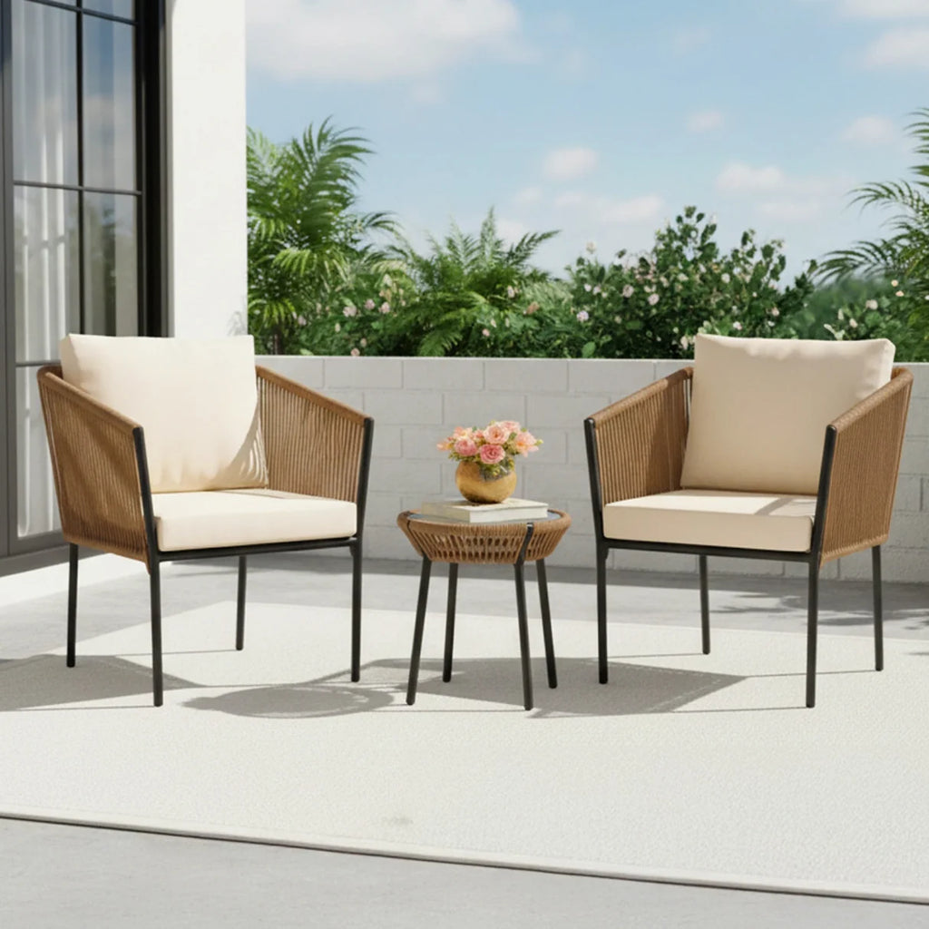 VIRASAT FURNITURE OUTDOOR ROPE PATIO SET WITH GLASS TOP TABLE (BEIGE & OFF-WHITE)