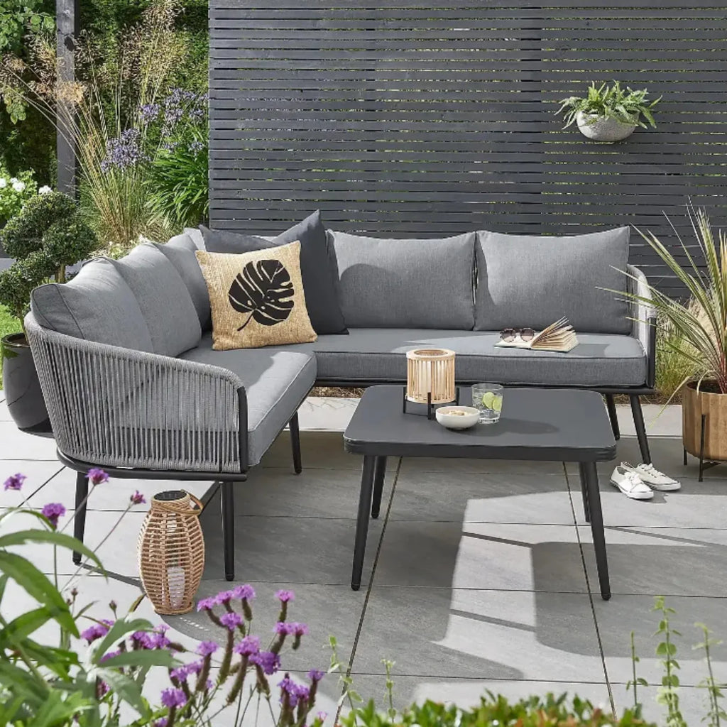 VIRASAT FURNITURE 6 SEATER L-SHAPE OUTDOOR ROPE CONVERSATION SOFA SET (GREY)