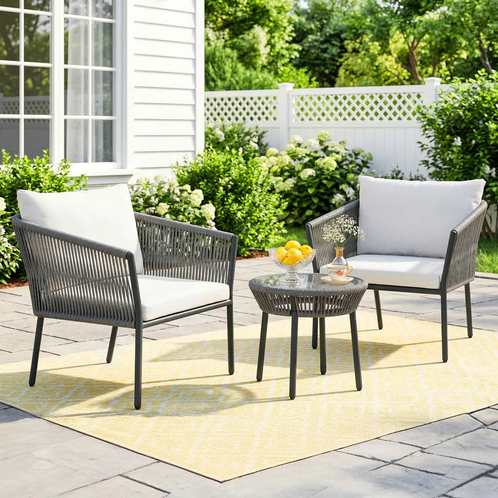 VIRASAT FURNITURE 3-PIECE ROPE PATIO SET – PERFECT FOR OUTDOOR ENTERTAINING (GREY &amp; WHITE)