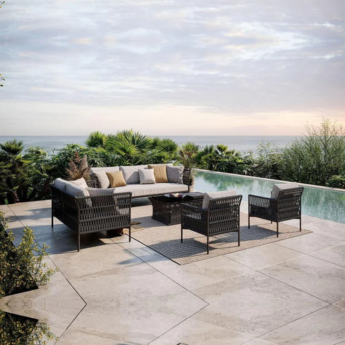 VIRASAT FURNITURE OUTDOOR ROPE SOFA SET 7-SEATER WITH GLASS TOP CENTER TABLE (GREY/BEIGE)