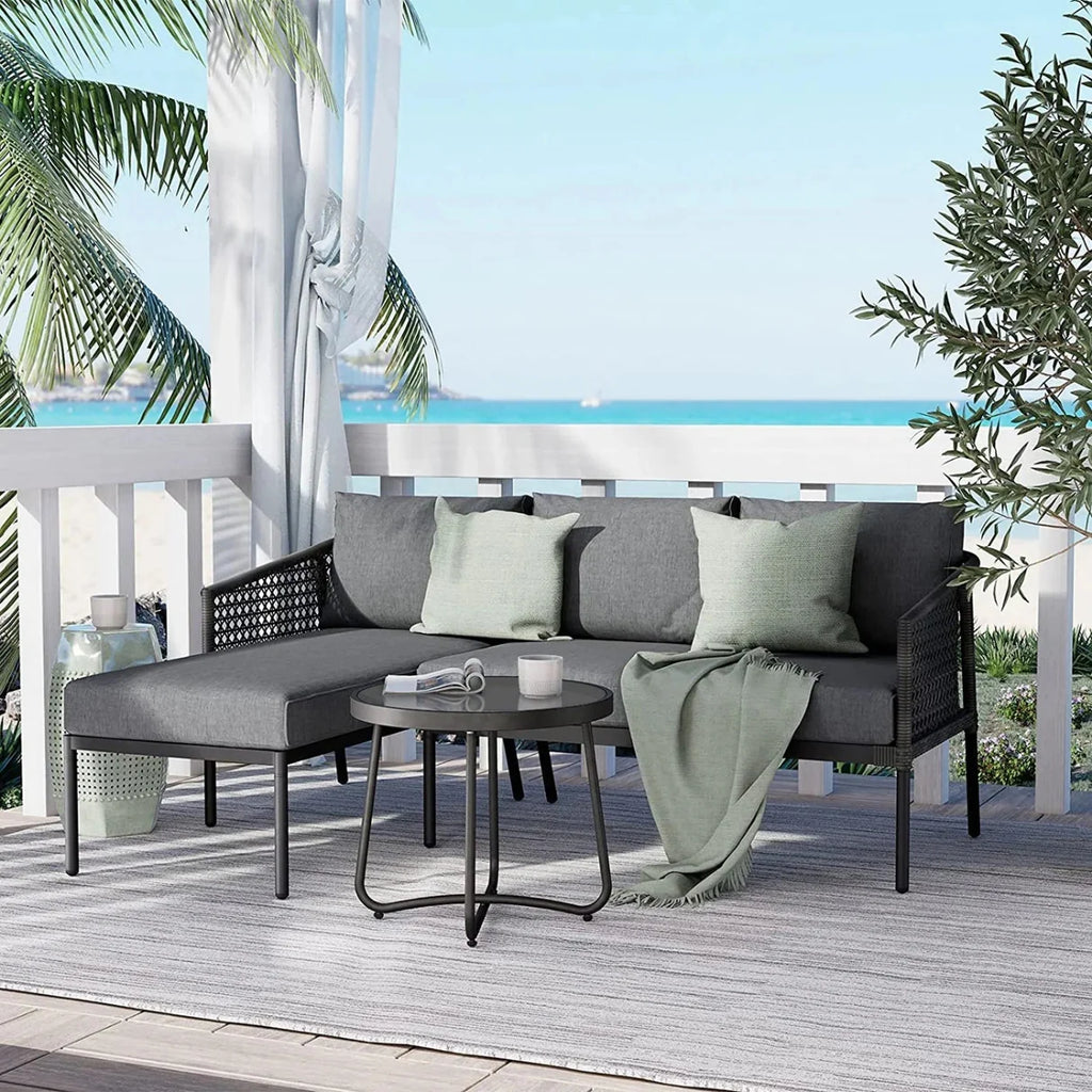 VIRASAT FURNITURE 4 SEATER L-SHAPE OUTDOOR PATIO SOFA SET WITH THICK CUSHIONS & SIDE TABLE (GREY)