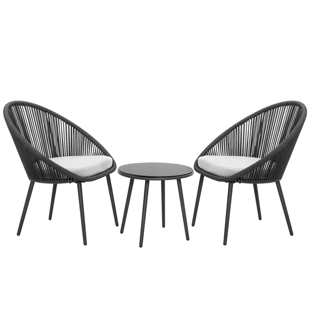VIRASAT FURNITURE VOLTA OUTDOOR PATIO SEATING SET 2 CHAIRS AND 1 TABLE SET (BLACK) BRAIDED & ROPE