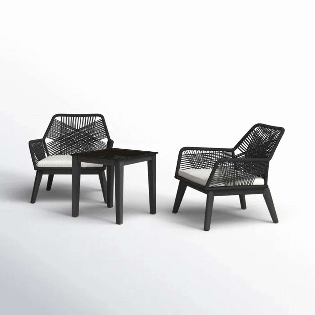VIRASAT FURNITURE ELICIA OUTDOOR PATIO SEATING SET 2 CHAIRS AND 1 TABLE SET (BLACK) BRAIDED & ROPE