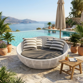 Premium Outdoor Poolside Sunbed with Cushion | White Rattan Daybed for Garden, Patio & Terrace | Buy Online India