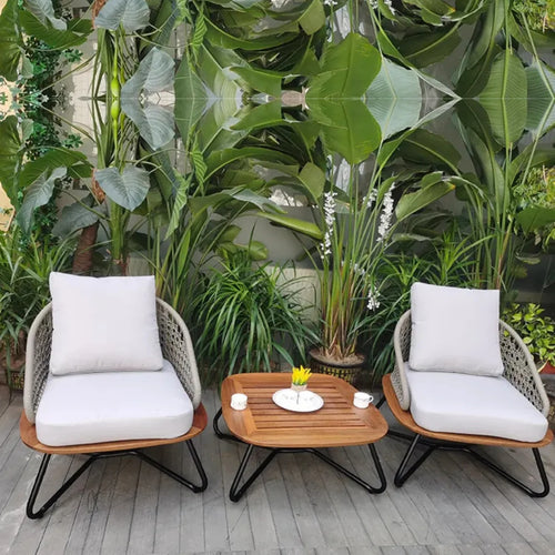 VIRASAT FURNITURE Outdoor Rope 3-Piece Patio Set With Wooden Top Table