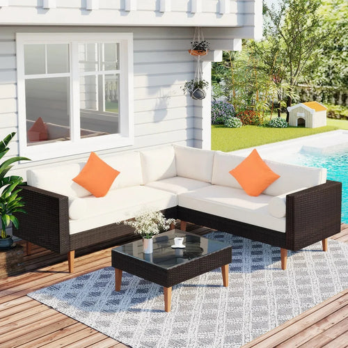 VIRASAT FURNITURE 7 SEATER L-SHAPE OUTDOOR WICKER SOFA SET 3-PIECE (BROWN & WHITE)