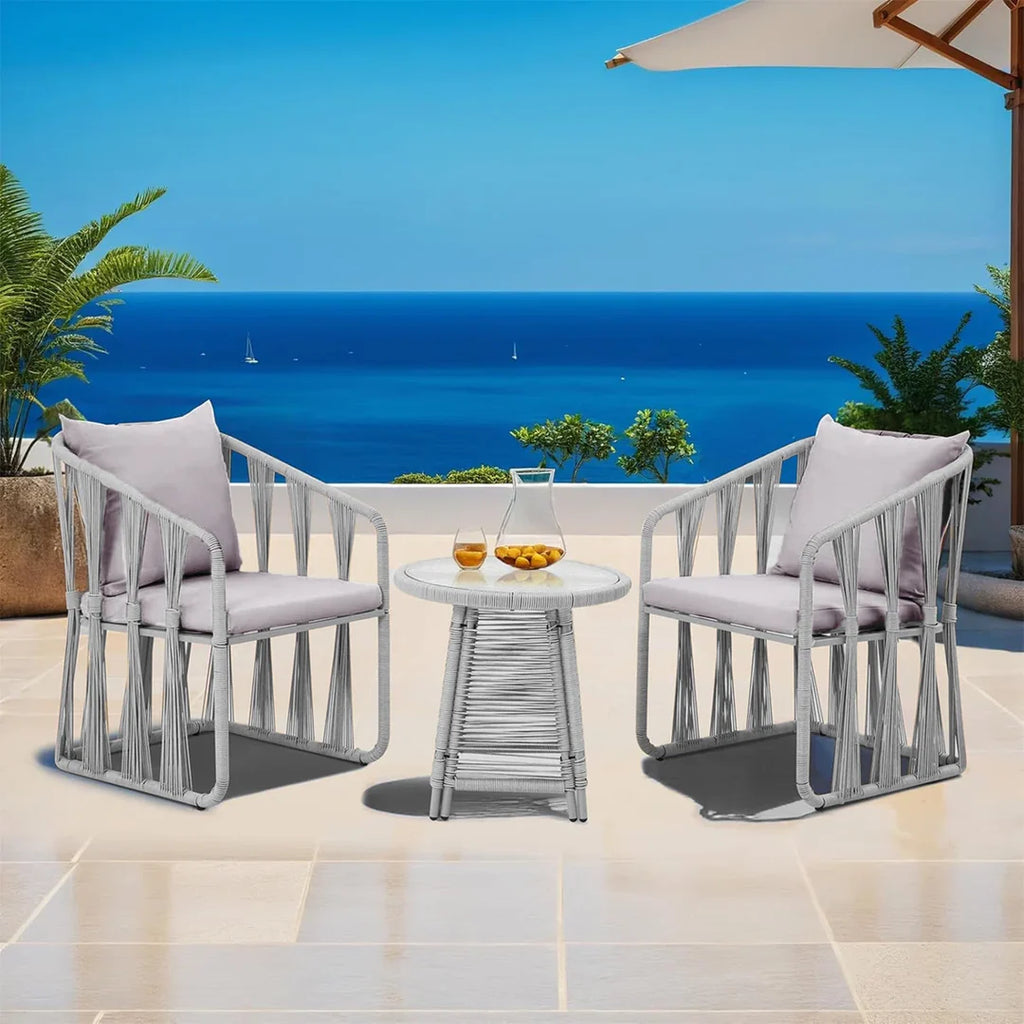 VIRASAT FURNITURE VARQO OUTDOOR PATIO SEATING SET 2 CHAIRS AND 1 TABLE SET (CREAM) BRAIDED & ROPE