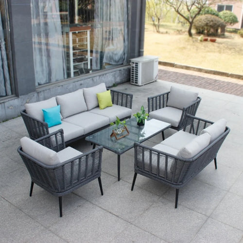VIRASAT FURNITURE OUTDOOR GREY ROPE SOFA SET 7-SEATER WITH GLASS TOP CENTER TABLE