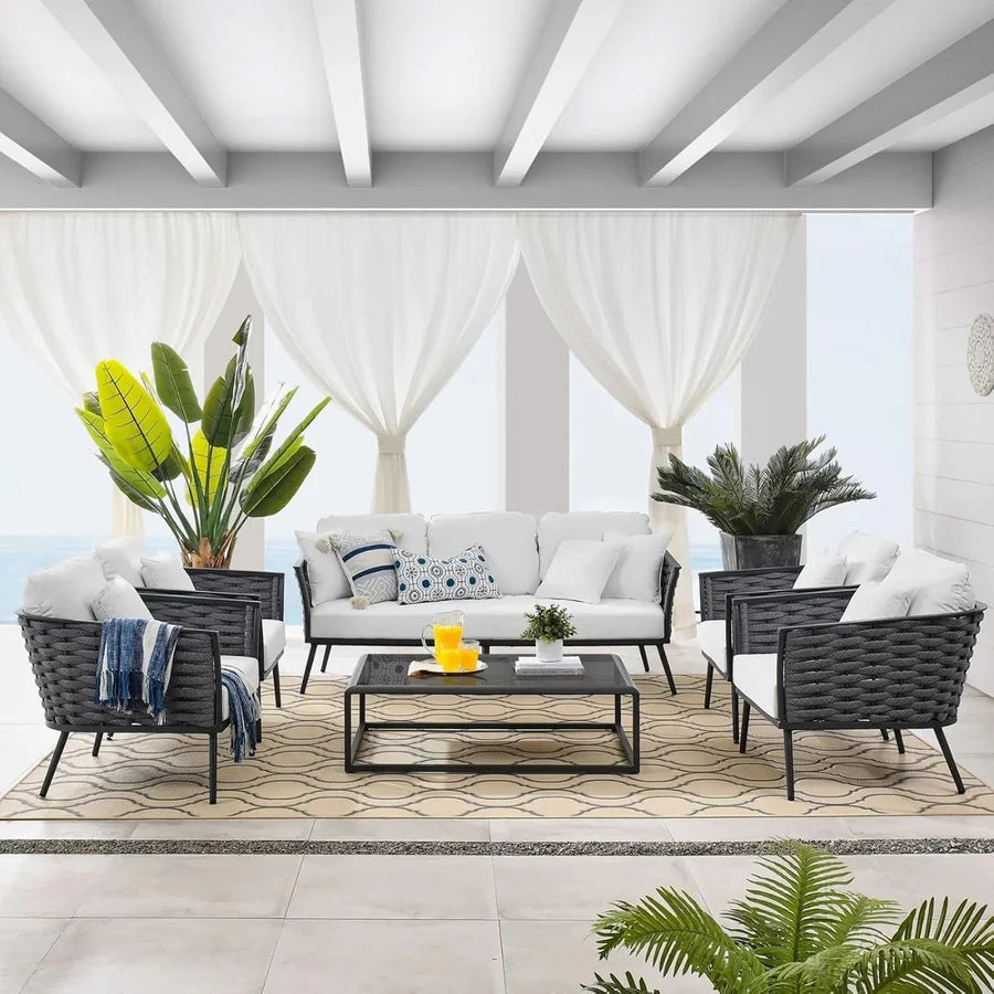 VIRASAT FURNITURE 6-PIECE OUTDOOR ROPE SOFA SET 6-SEATER (GREY & WHITE)