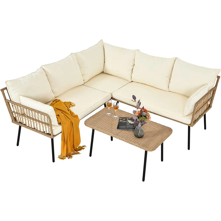 Virasat Tyamo Outdoor Garden Balcony Sofa Set 5 Seater and 1 Center Table Set (Tan + Beige)