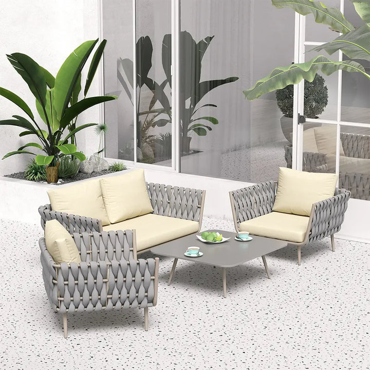 Virasat Bifrox Outdoor Garden Balcony Sofa Set 2 Seater, 2 Single seater and 1 Center Table Set, Braid & Rope (Beige + Grey)