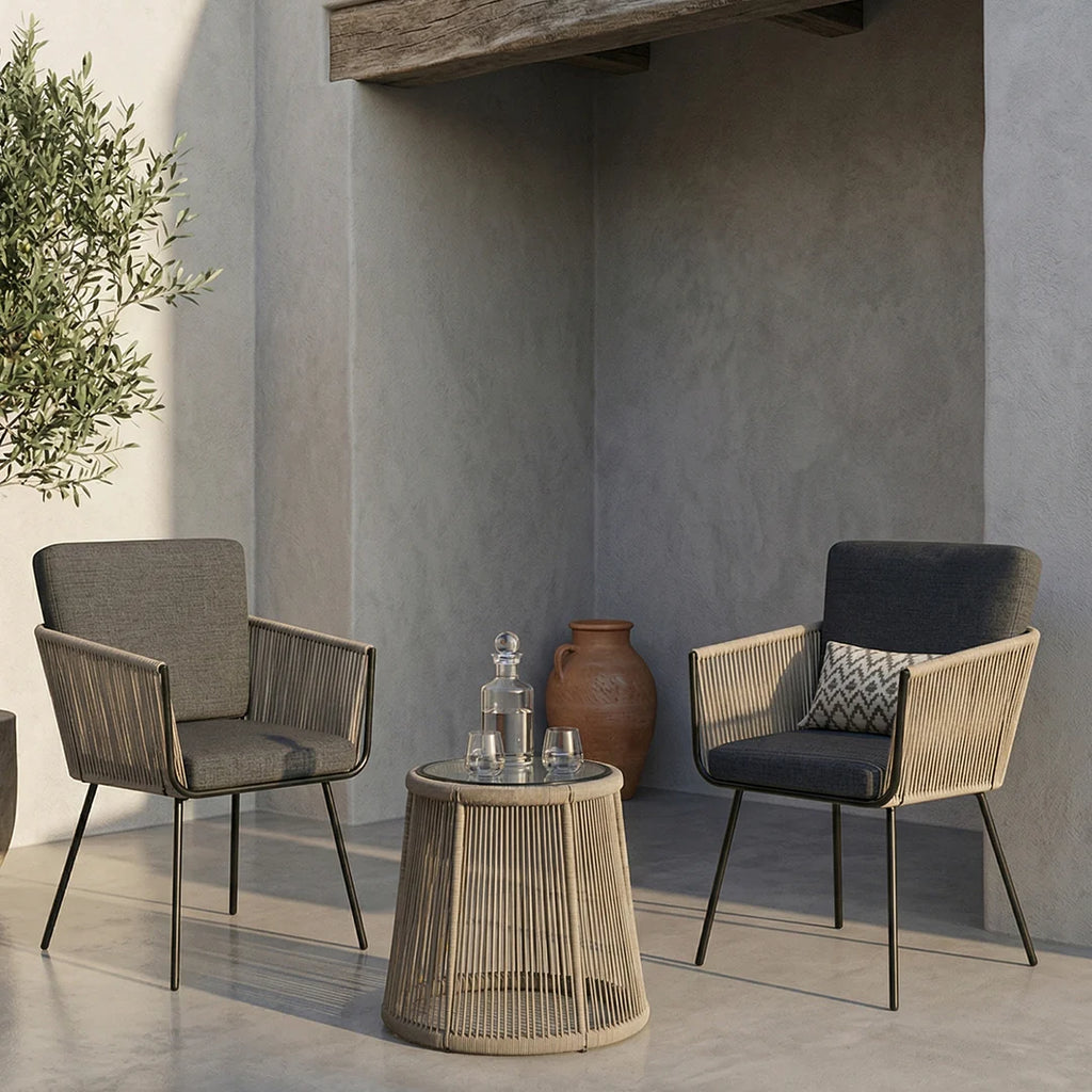 VIRASAT FURNITURE ODILA OUTDOOR PATIO SEATING SET 2 CHAIRS AND 1 TABLE SET (GREY+BROWN) BRAIDED & ROPE