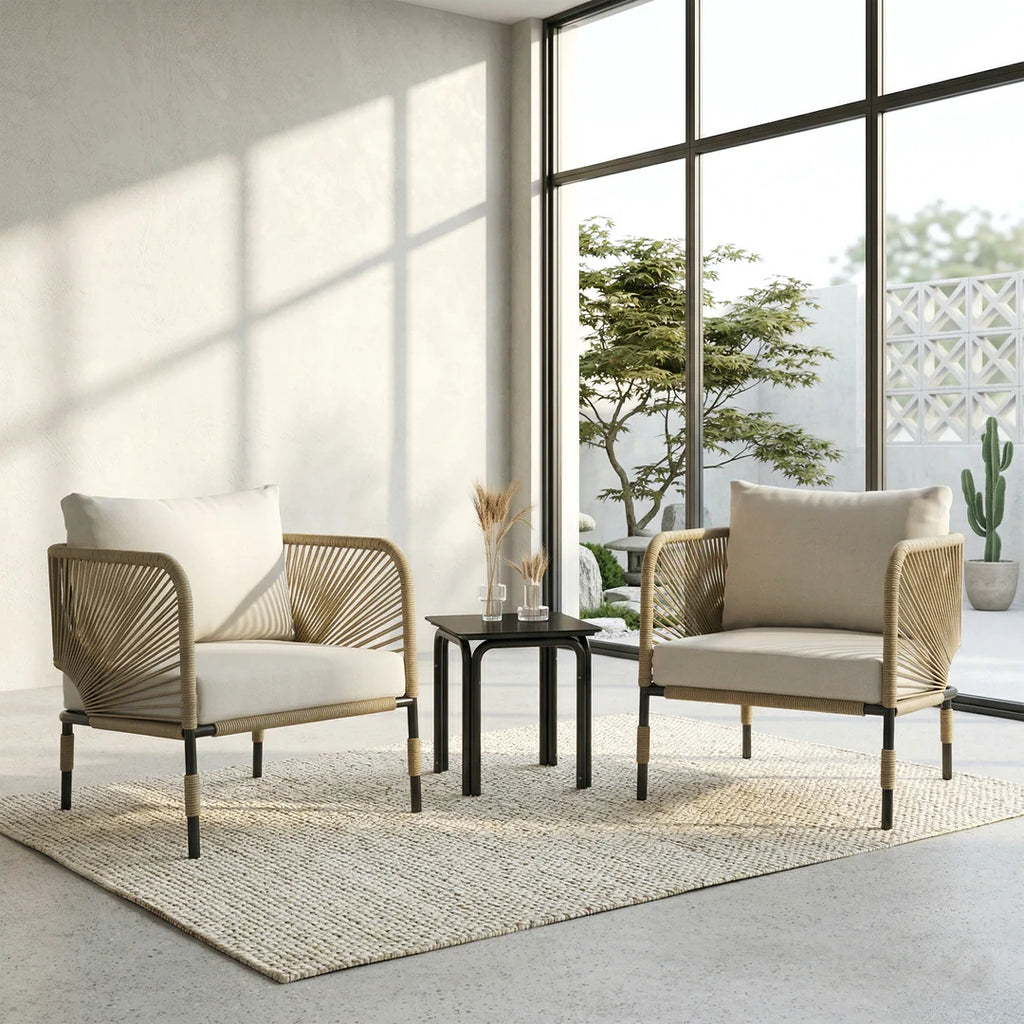 VIRASAT FURNITURE MADERA OUTDOOR PATIO SEATING SET 2 CHAIRS AND 1 TABLE SET (BEIGE) BRAIDED & ROPE