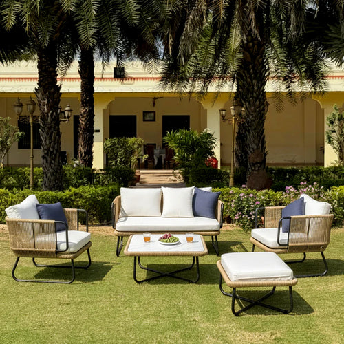 VIRASAT FURNITURE OUTDOOR ROPE SOFA SET 6-SEATER WITH OTTOMAN & CENTER TABLE (TAN) - BRAIDED ROPE PATIO SET