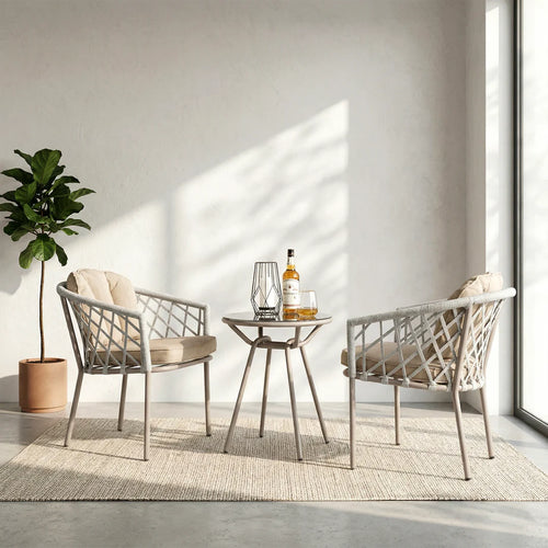 VIRASAT FURNITURE SURFER OUTDOOR PATIO SEATING SET 2 CHAIRS AND 1 TABLE SET (GREY) BRAIDED & ROPE
