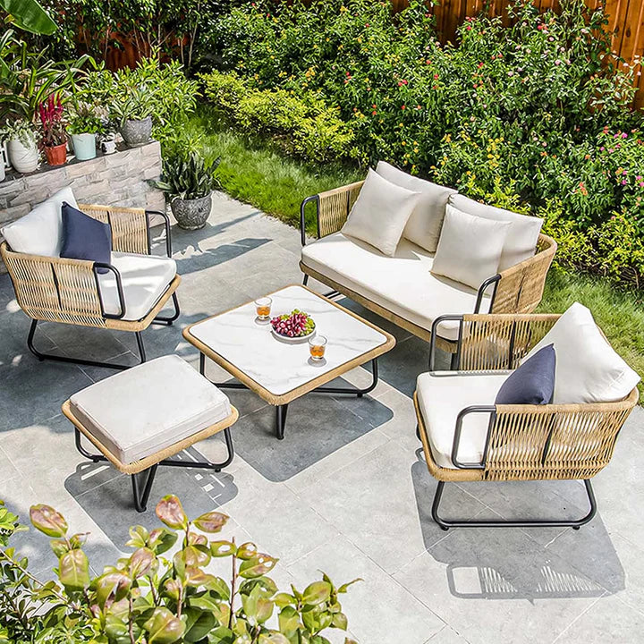 VIRASAT FURNITURE OUTDOOR ROPE SOFA SET 6-SEATER WITH OTTOMAN & CENTER TABLE (TAN) - BRAIDED ROPE PATIO SET