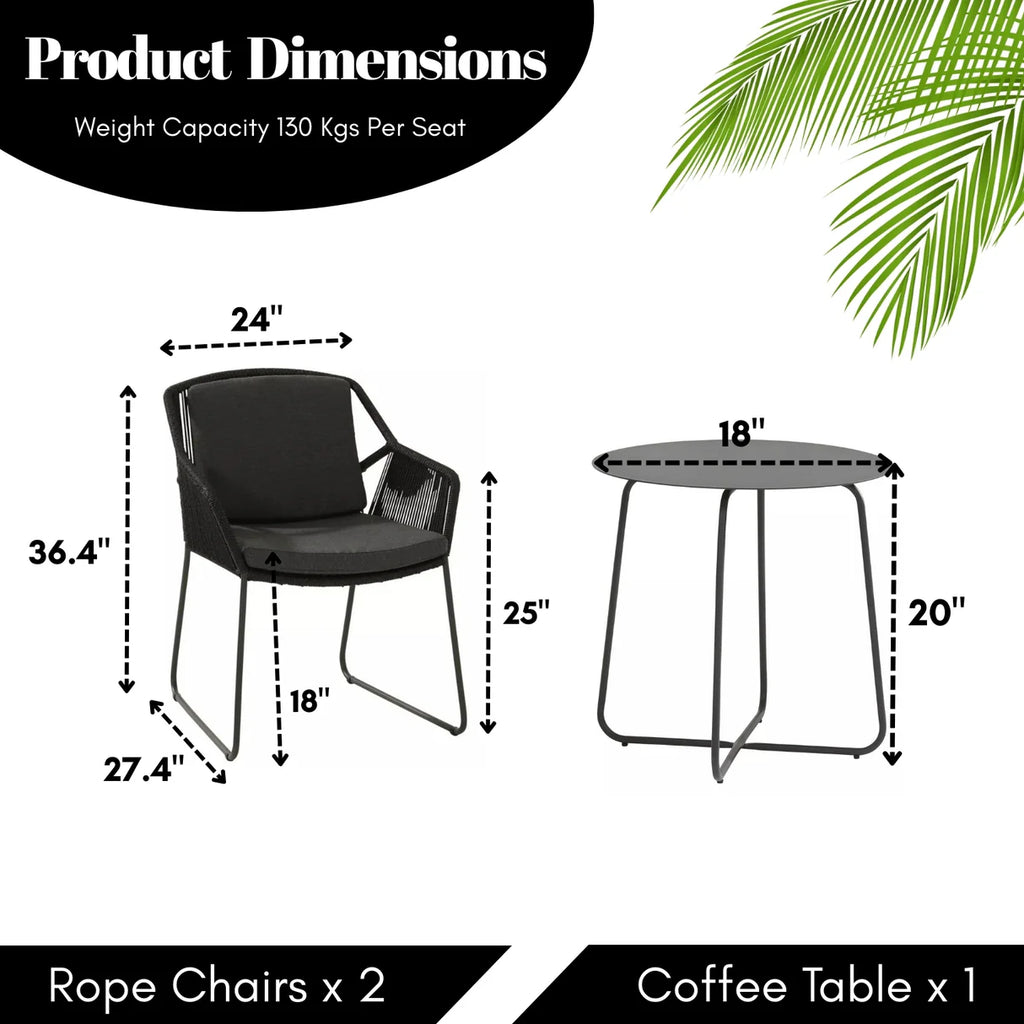 VIRASAT FURNITURE 3 Piece Garden Outdoor Black Rope Patio Set