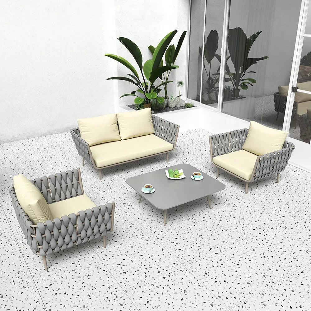 Virasat Outdoor Garden Balcony Sofa Set 2 Seater, 2 Single Seater and 1 Center Table Set, Braid & Rope (Beige + Grey)-VIRASAT FURNITURE & FURNISHING