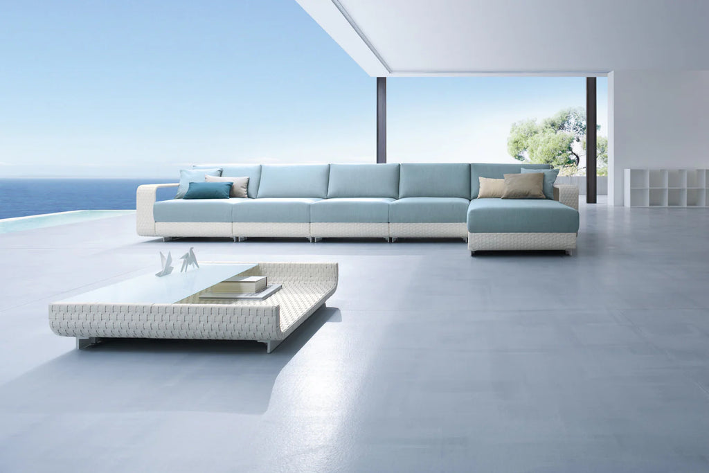 Virasat Outdoor Garden Balcony Sofa Set 5 Seater, 1 Center Table With 1 Ottoman Set (White + Sky Blue)-VIRASAT FURNITURE & FURNISHING