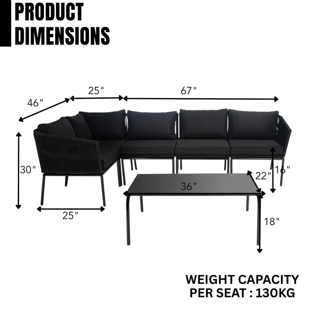 VIRASAT FURNITURE 6 SEATER L-SHAPE OUTDOOR BLACK ROPE SOFA SET