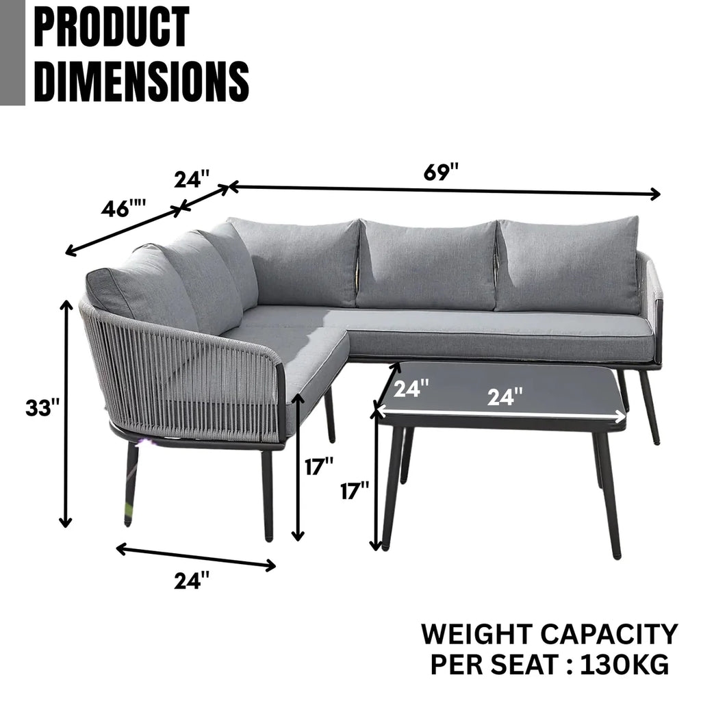 VIRASAT FURNITURE 6 SEATER L-SHAPE OUTDOOR ROPE CONVERSATION SOFA SET (GREY)