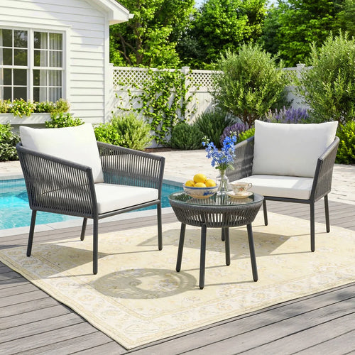 VIRASAT FURNITURE Outdoor Rope 3-Piece Patio Sofa Set (Grey & Off-White)