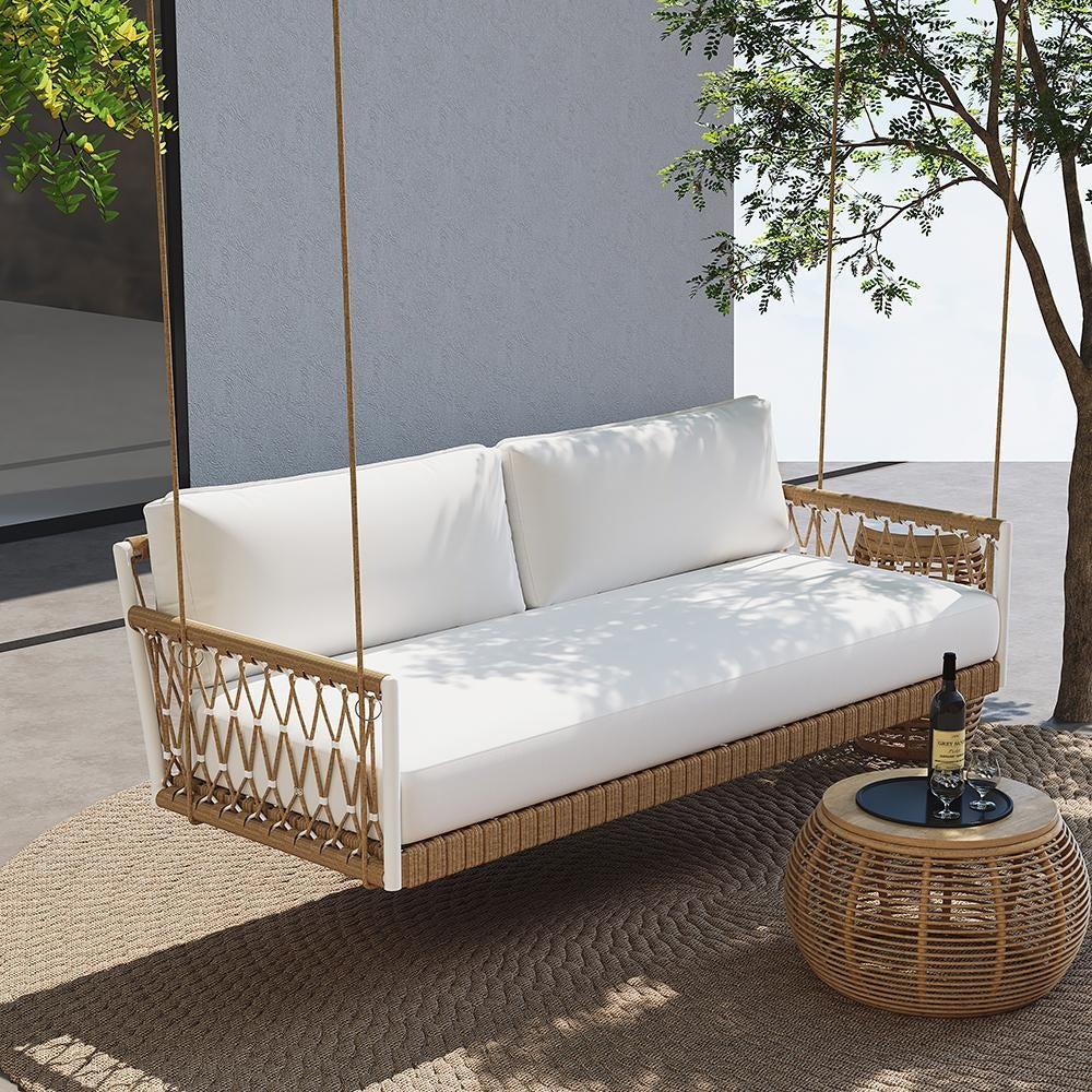 Virasat Double Seater Hanging Swing Without Stand For Balcony, Garden Swing (Tan + White) Braided & Rope-VIRASAT FURNITURE & FURNISHING